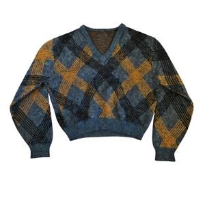 Vtg V neck argyle diamond sweater rib hem size medium fuzzy gray brown mohair